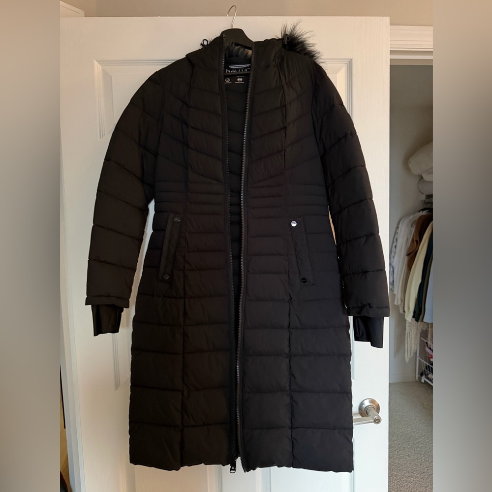 Nautica Women's Dark Puffer Coat with Faux Fur Trim